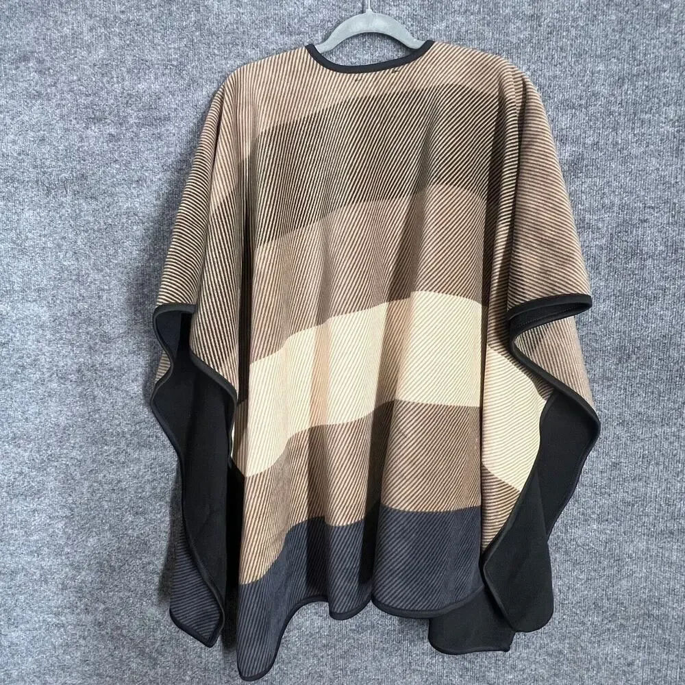 Ike Behar Reversible Caplet Poncho Womens One Size Tan Stripe Open Front Fleece